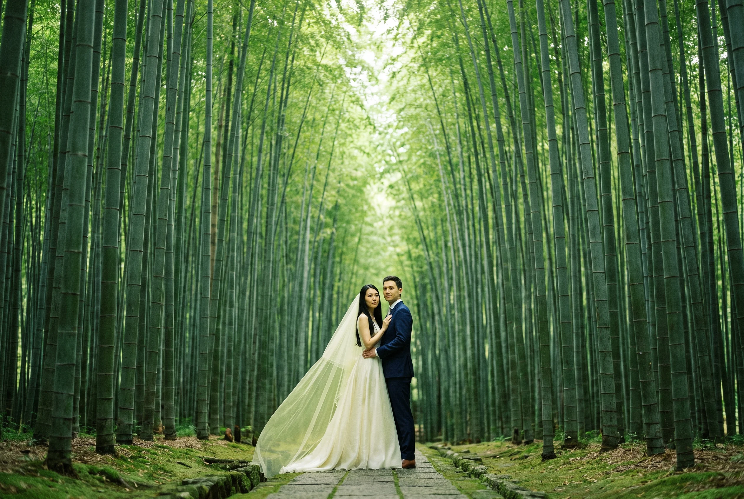 Wedding portrait in Arashiyama Bamboo Grove, Kyoto, green-filtered morning light