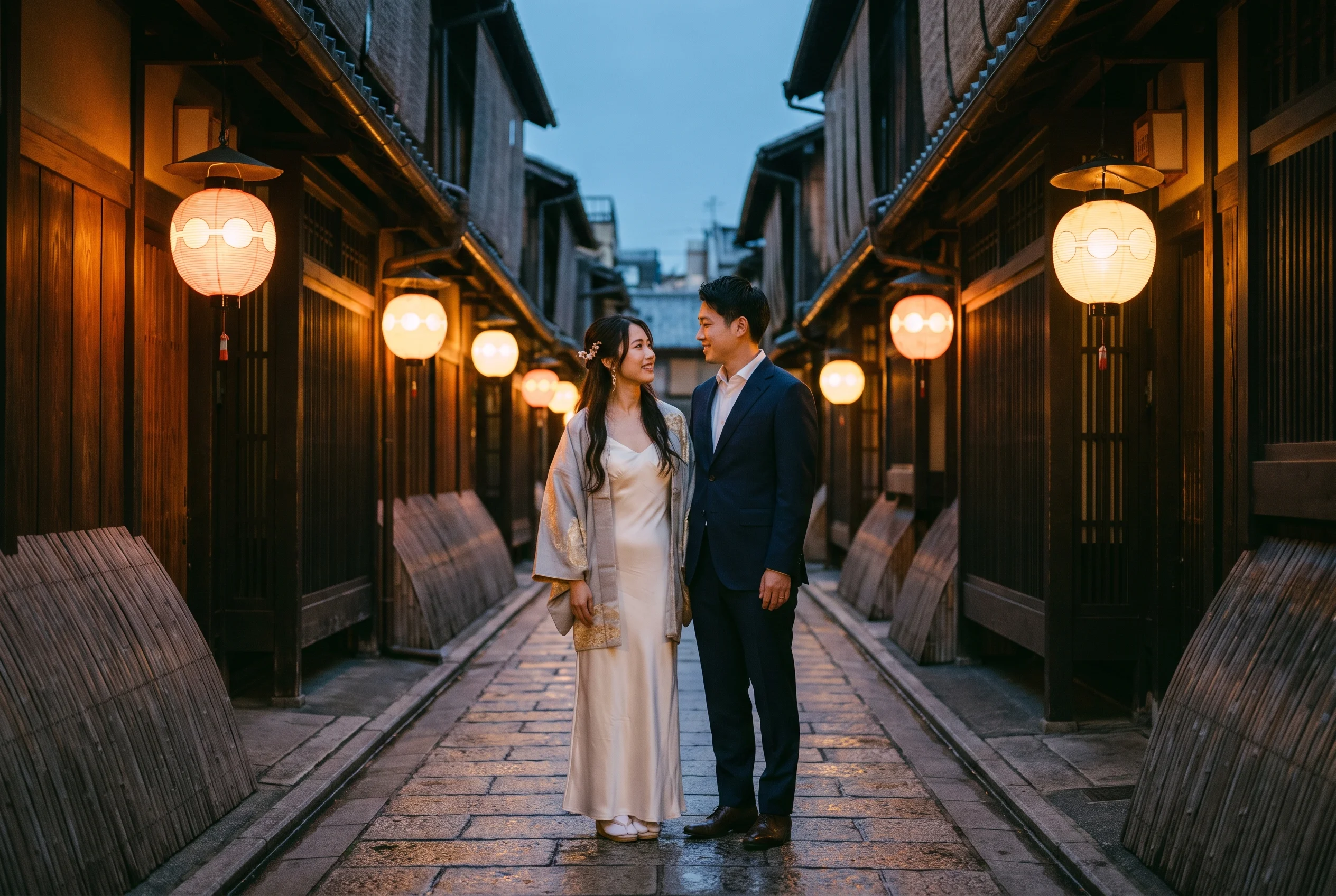 Wedding portrait on a lantern-lit Gion street in Kyoto at dusk, kimono over wedding gown