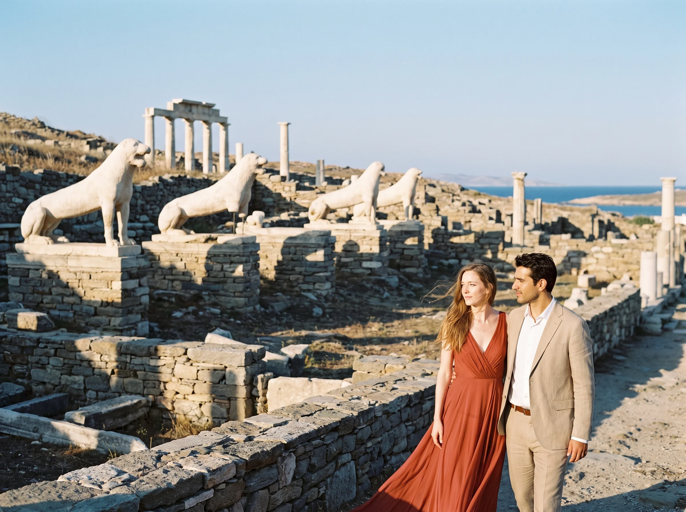 Wedding portrait among the ancient ruins of Delos Island, Greece at dawn