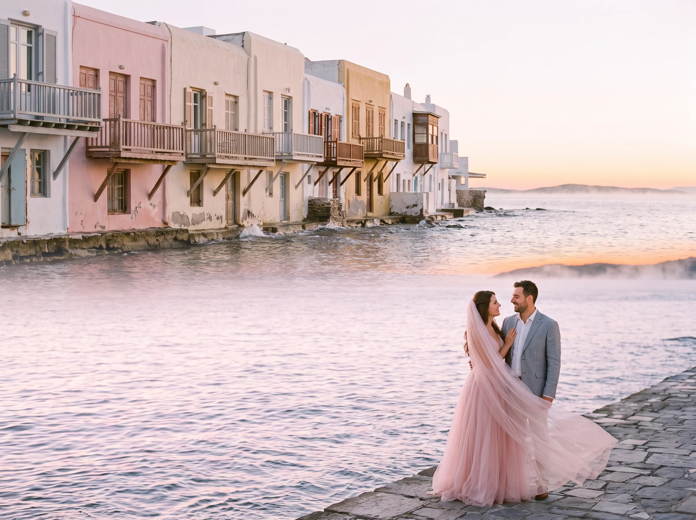 Wedding portrait at Little Venice, Mykonos waterfront at dawn