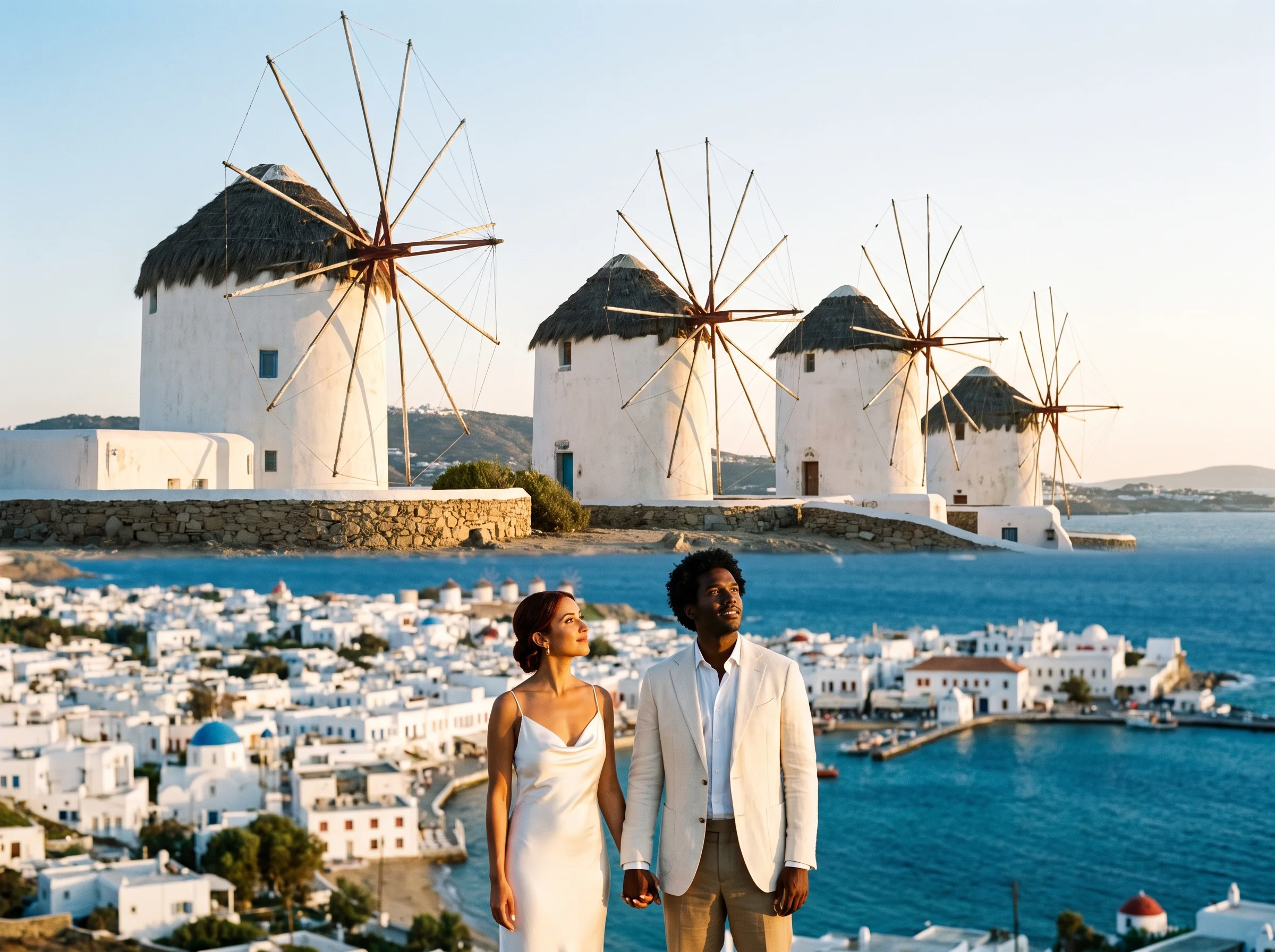 Wedding portrait with the historic windmills of Mykonos in late afternoon