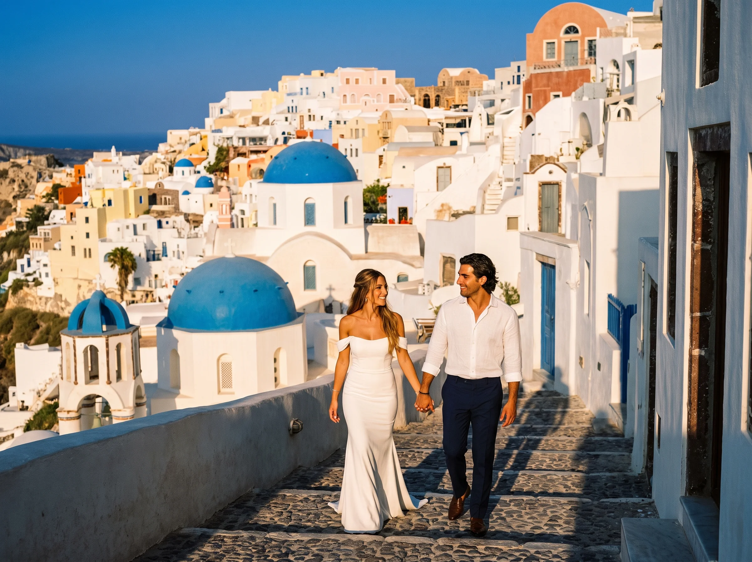 Wedding portrait on a whitewashed terrace in Oia, Santorini at golden hour
