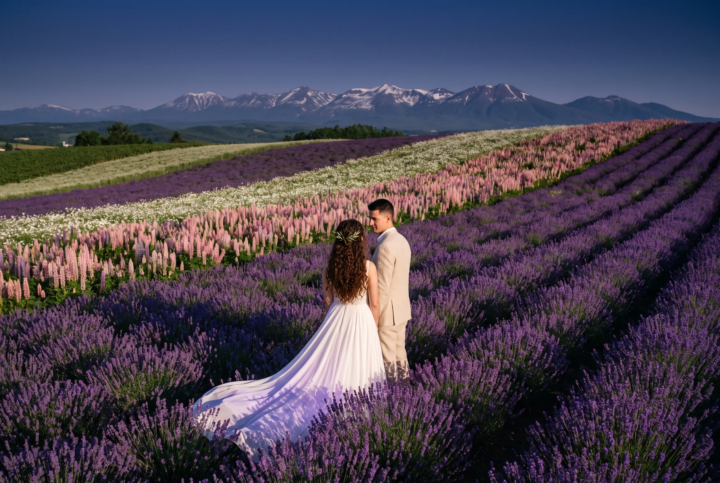 Wedding portrait in Furano lavender fields, Hokkaido, at first light with rolling hills