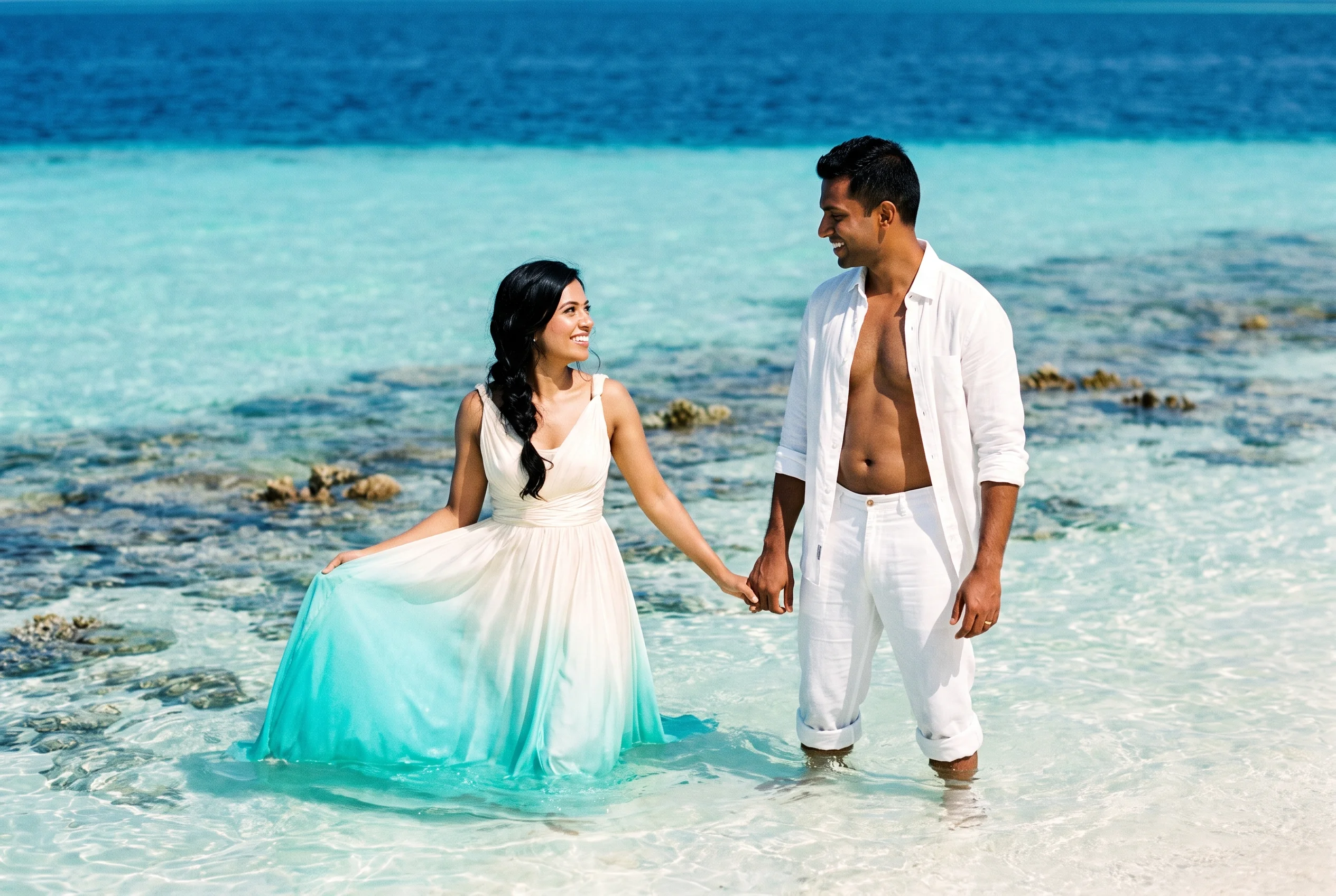 Maldives wedding portrait — reef channel