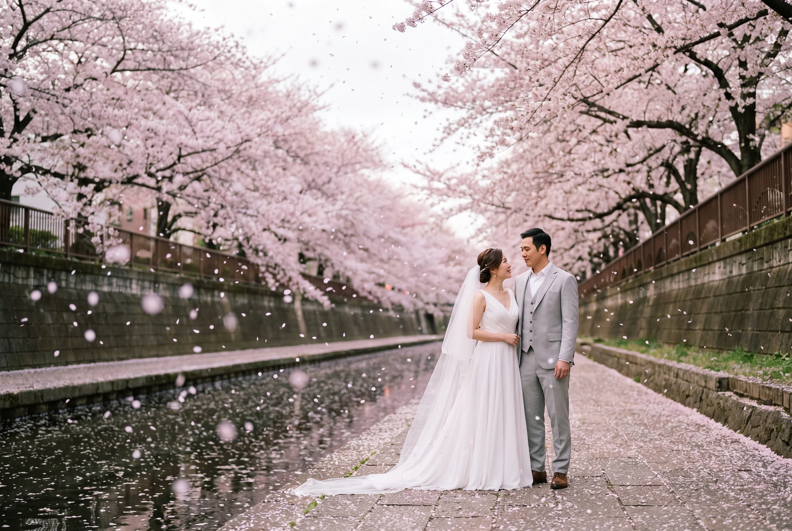 Wedding portrait under falling cherry blossoms along the Meguro River at first light