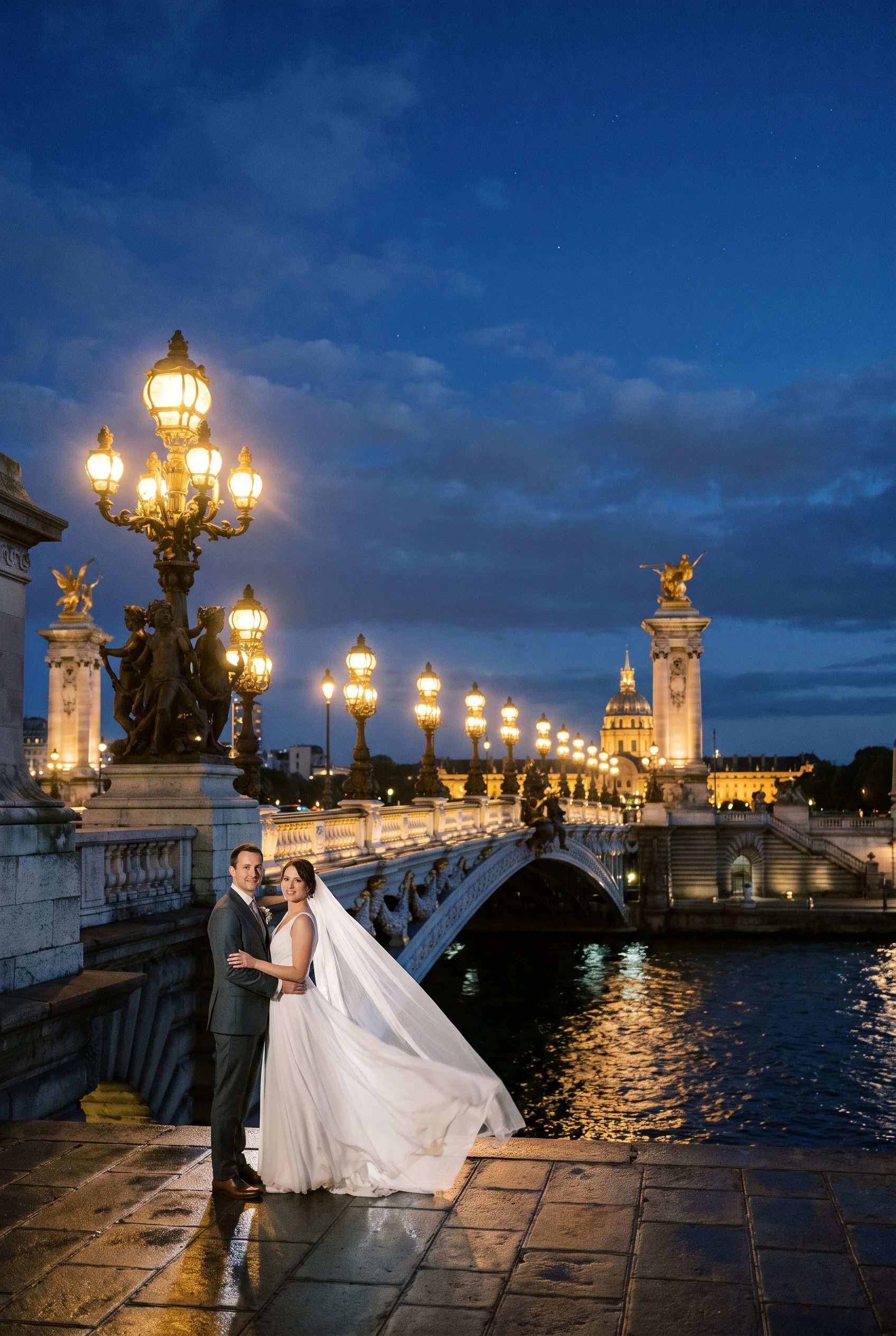 Pont Alexandre III at blue hour, Paris wedding portrait
