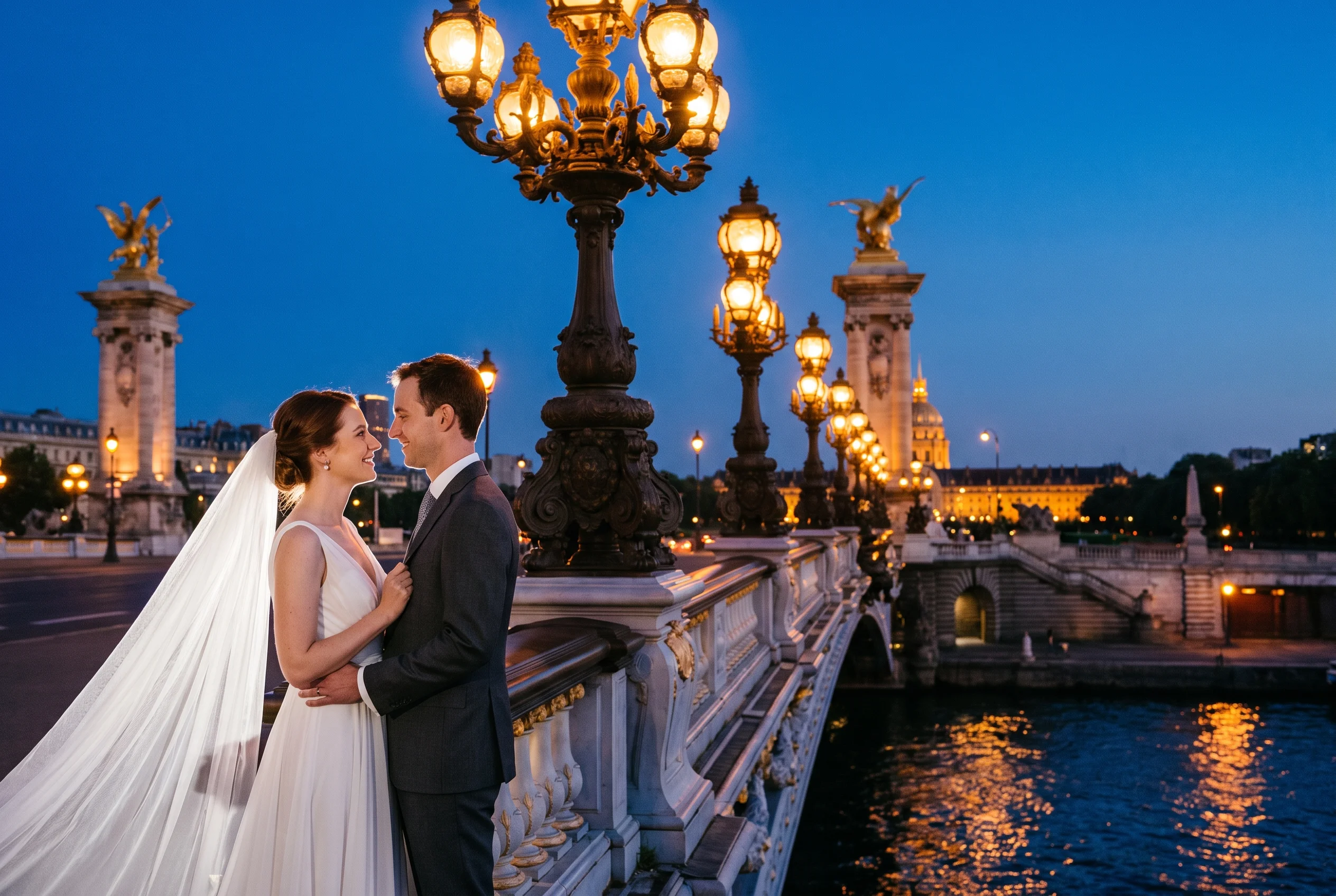 Pont Alexandre III at blue hour, Paris wedding portrait