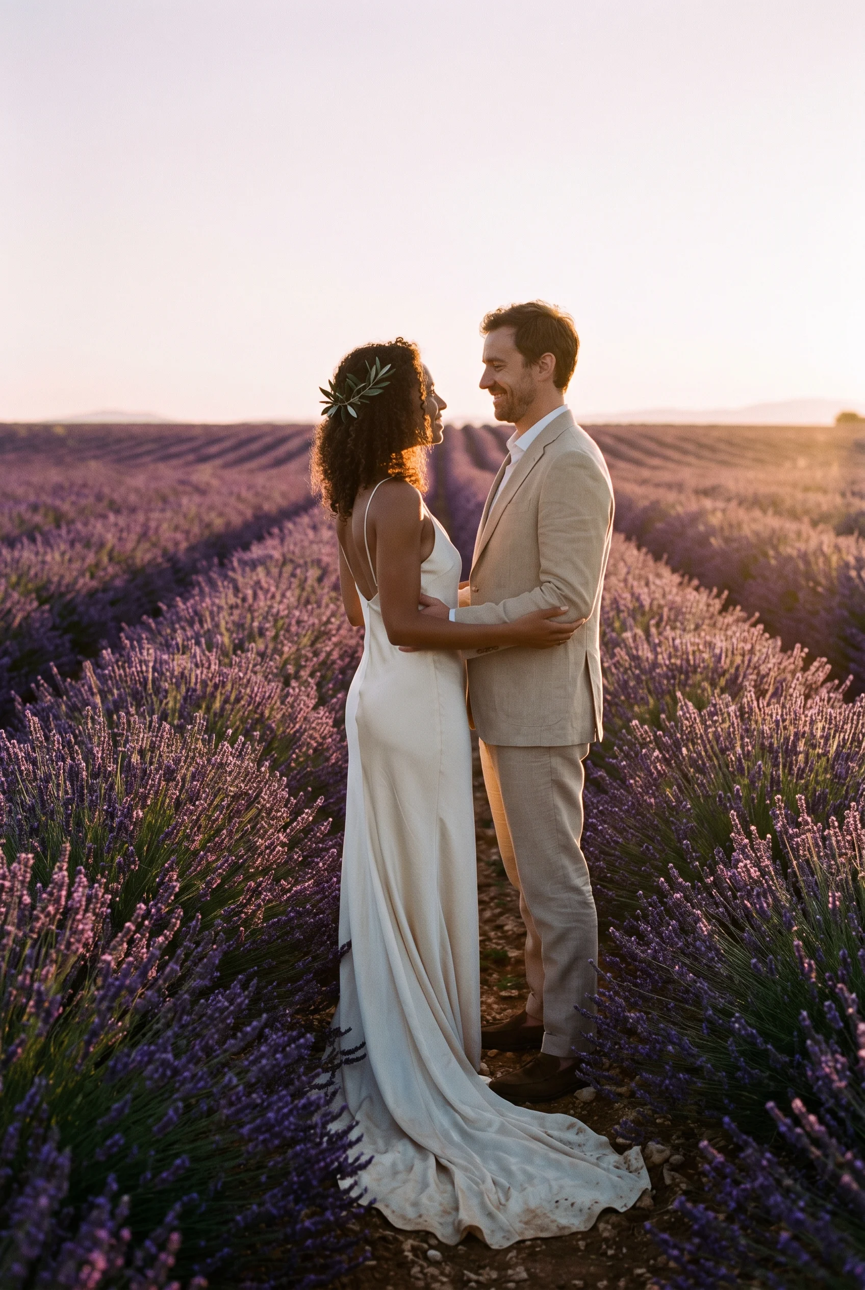 Lavender field wedding portrait at first light, Provence