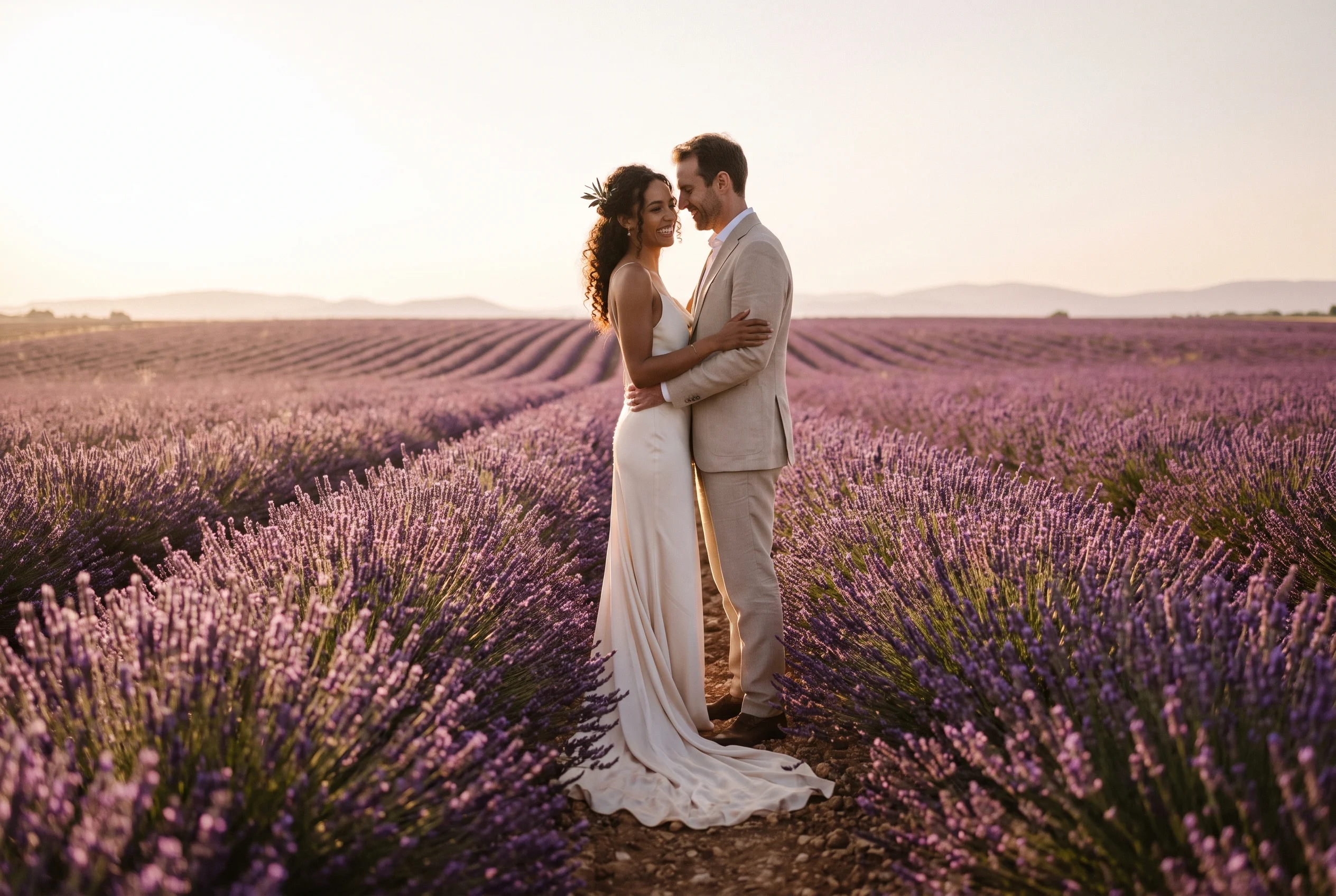 Lavender field wedding portrait at first light, Provence
