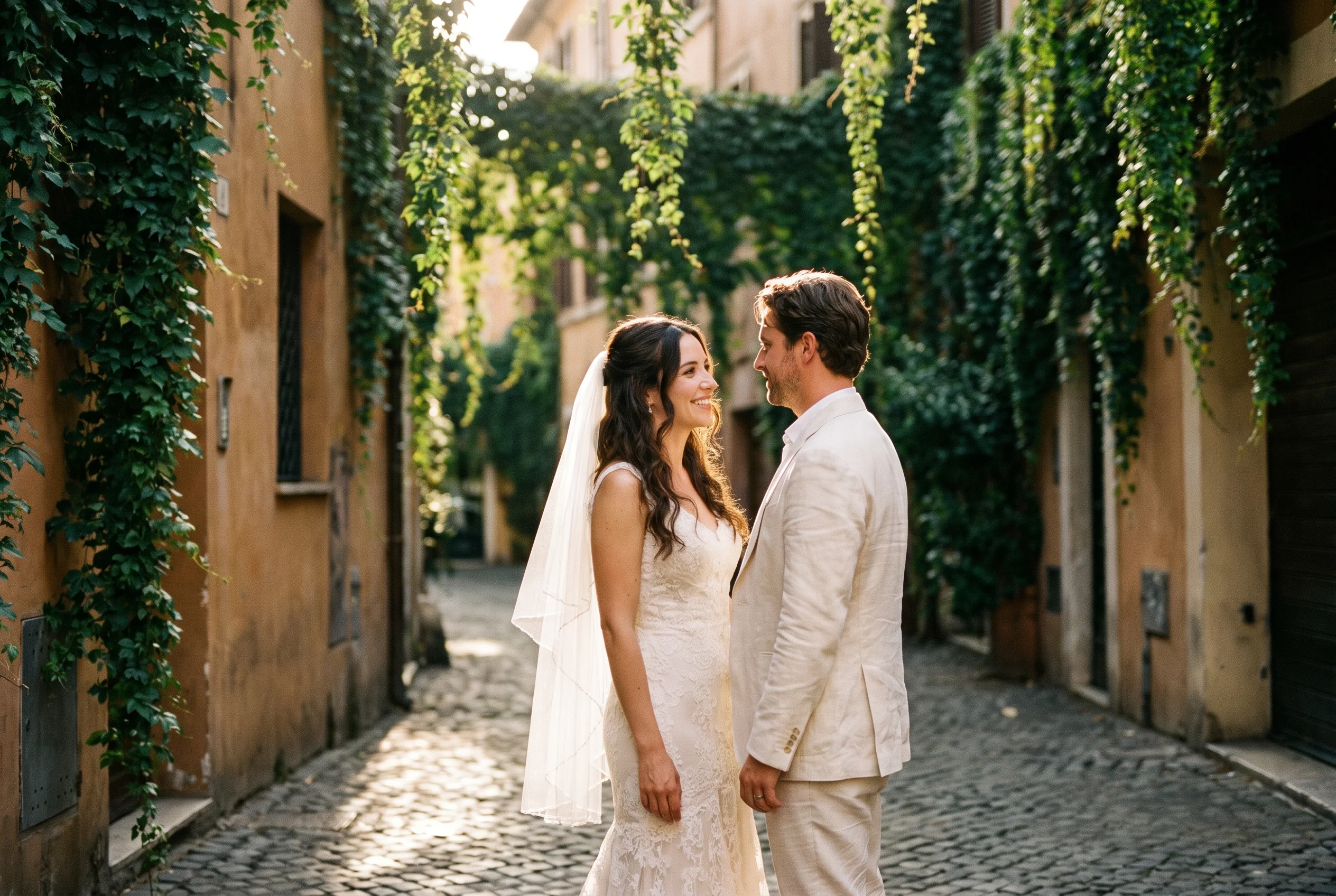 Late afternoon wedding portrait in Trastevere, Rome