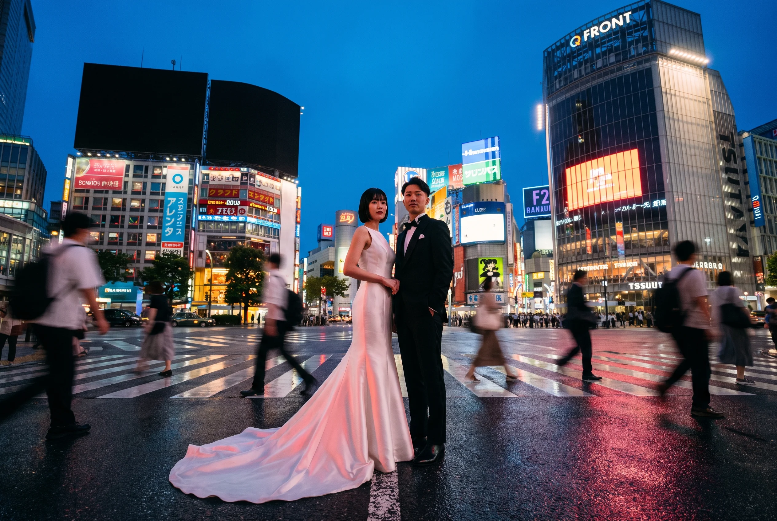 Wedding portrait at Shibuya Crossing, Tokyo, at blue hour with neon and motion blur