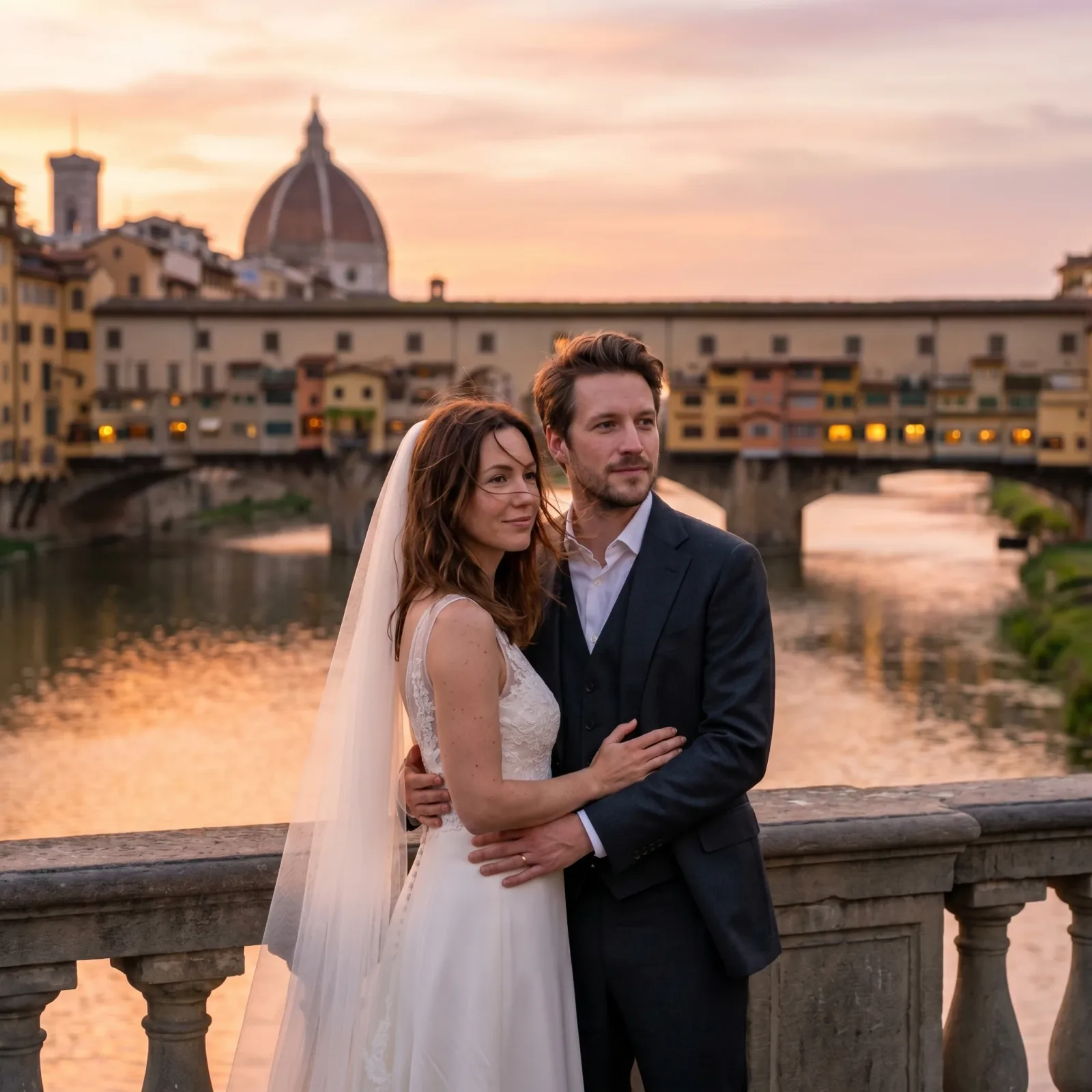 Elena and Luca on the Arno riverbank with Ponte Vecchio and the Duomo in the background