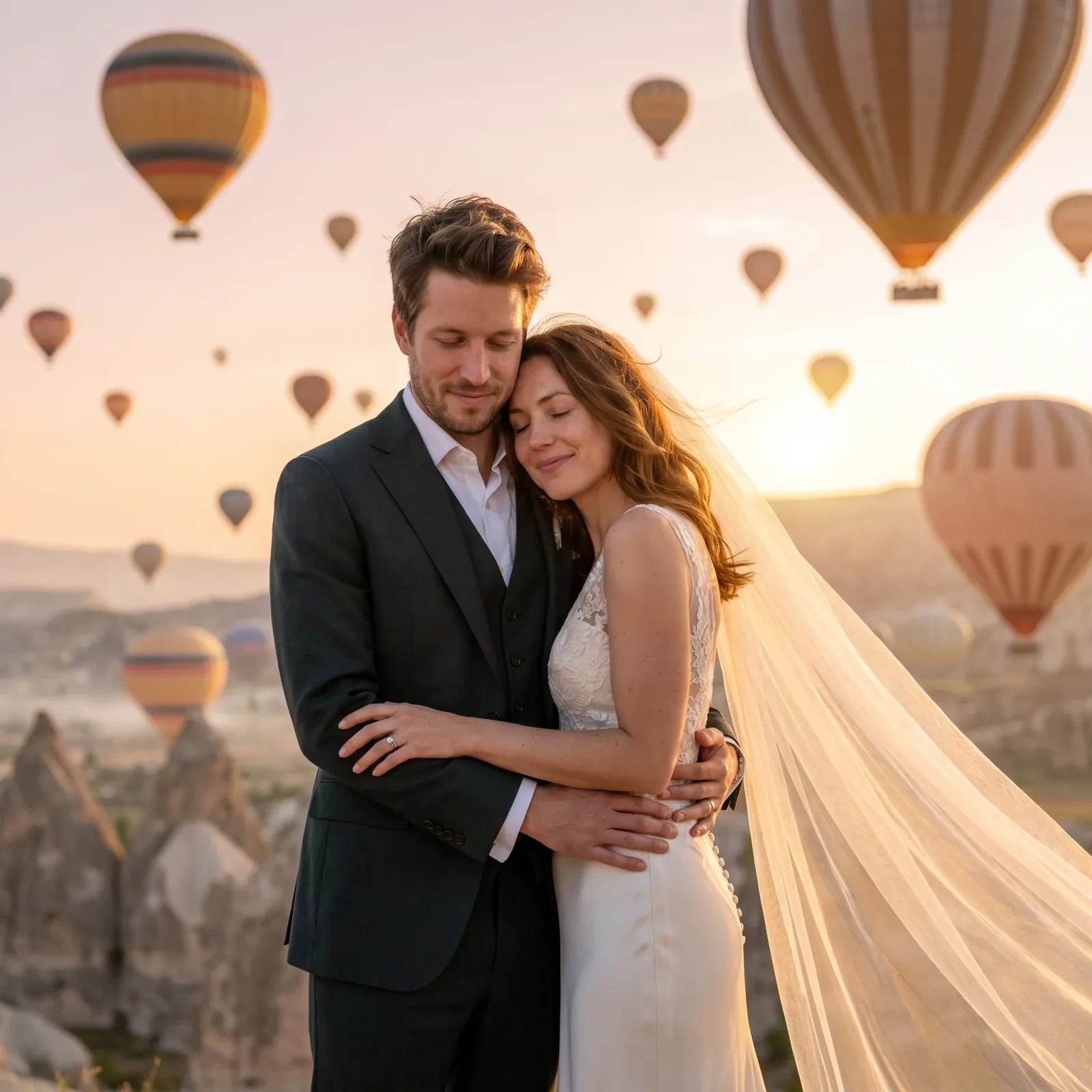 Elena and Luca sharing a sweet embrace at sunrise in Cappadocia with hot-air balloons in the sky
