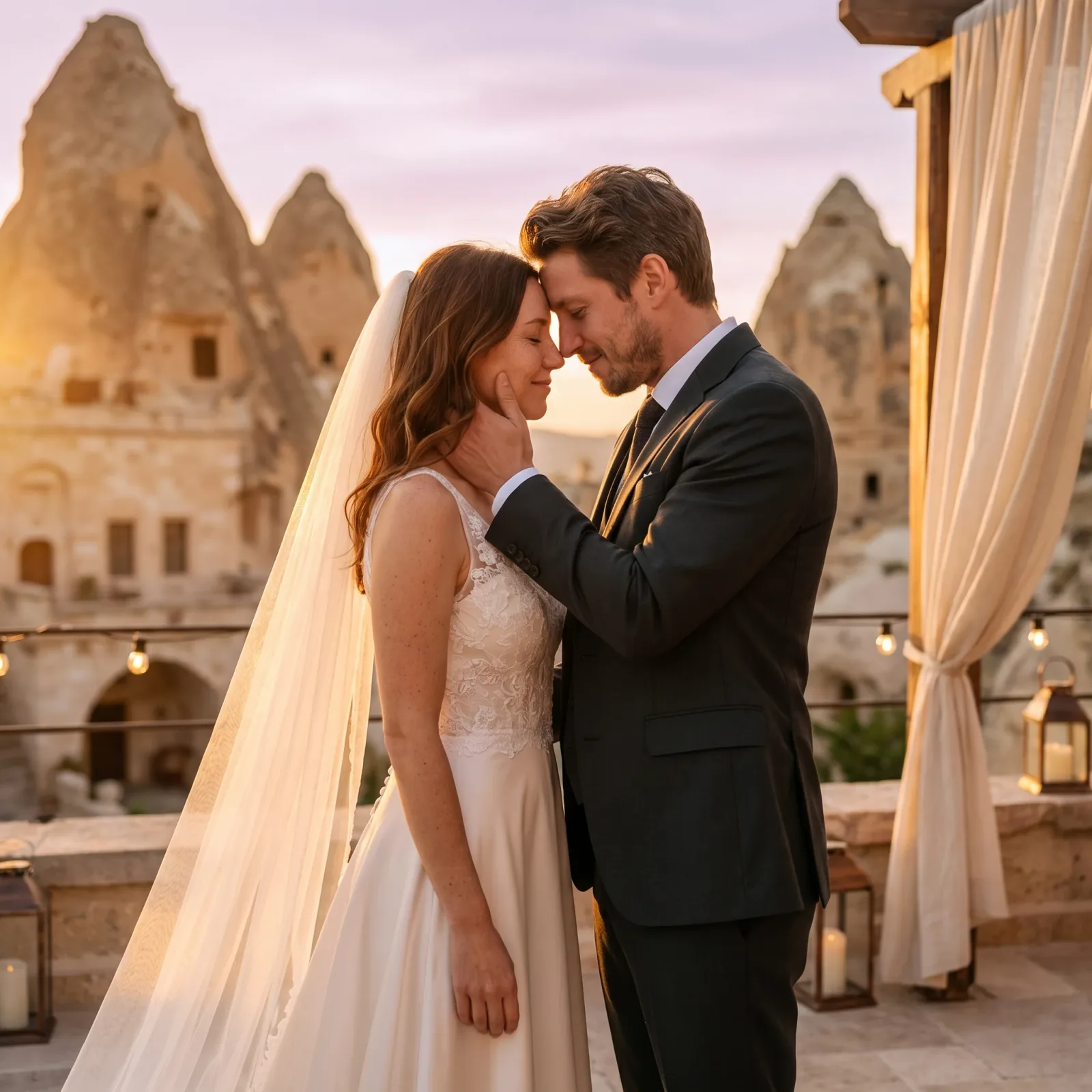 Elena and Luca on a Uçhisar cave terrace at sunset overlooking the Cappadocia valley