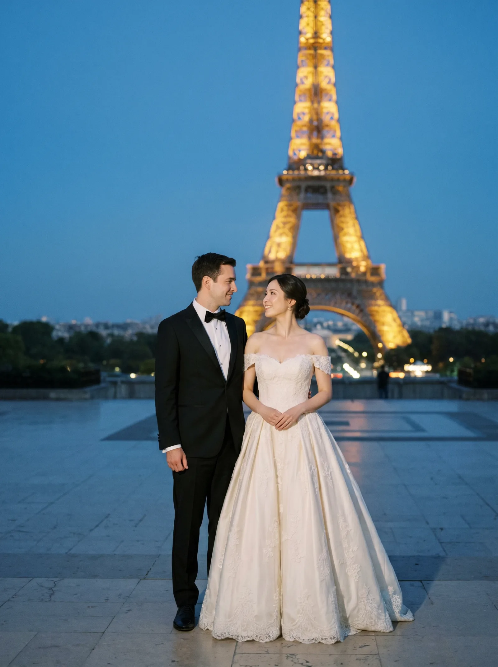 Eiffel Tower portrait, formal black-tie