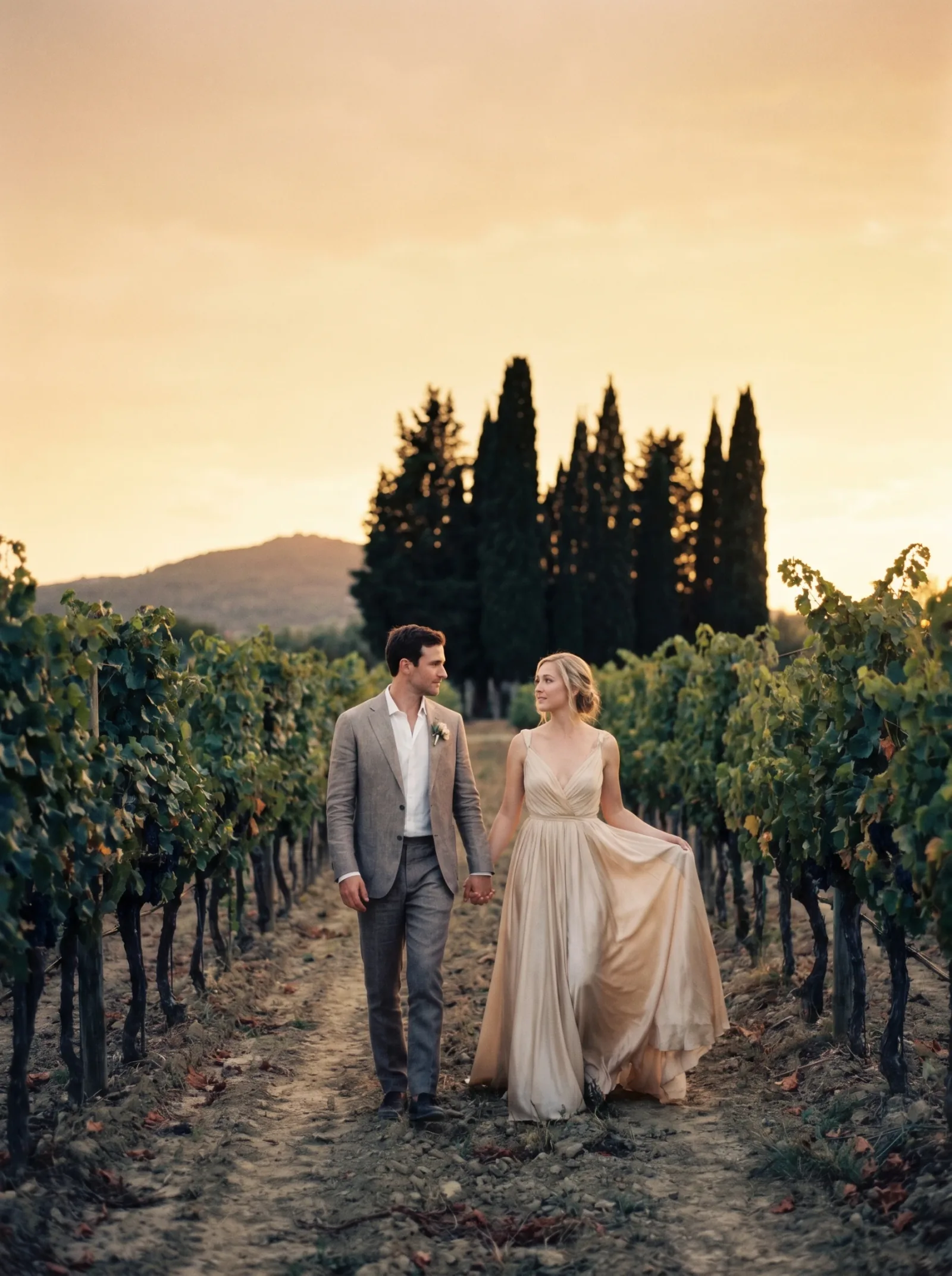 Tuscany vineyard at sunset