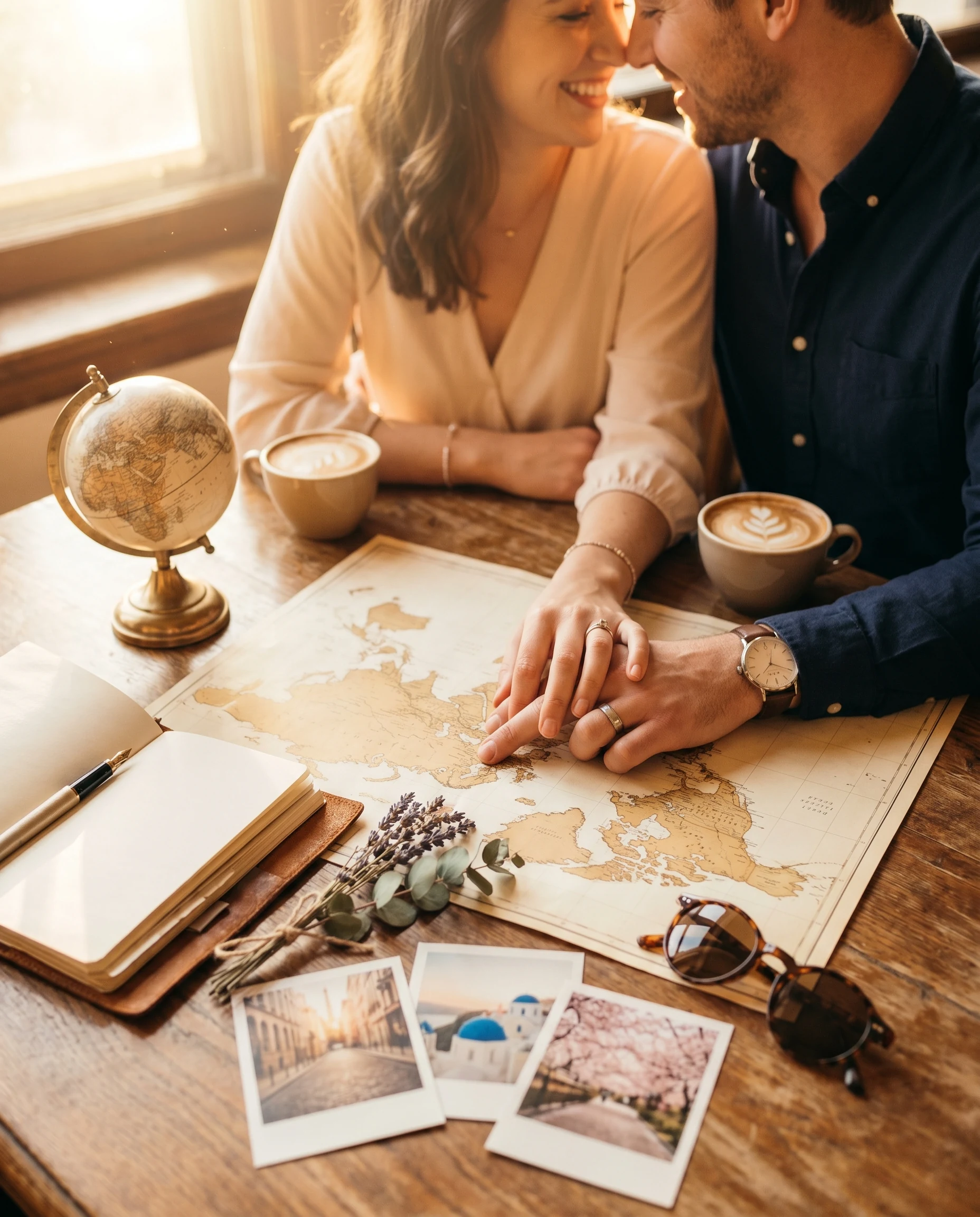 Antique world map with gold destination pins