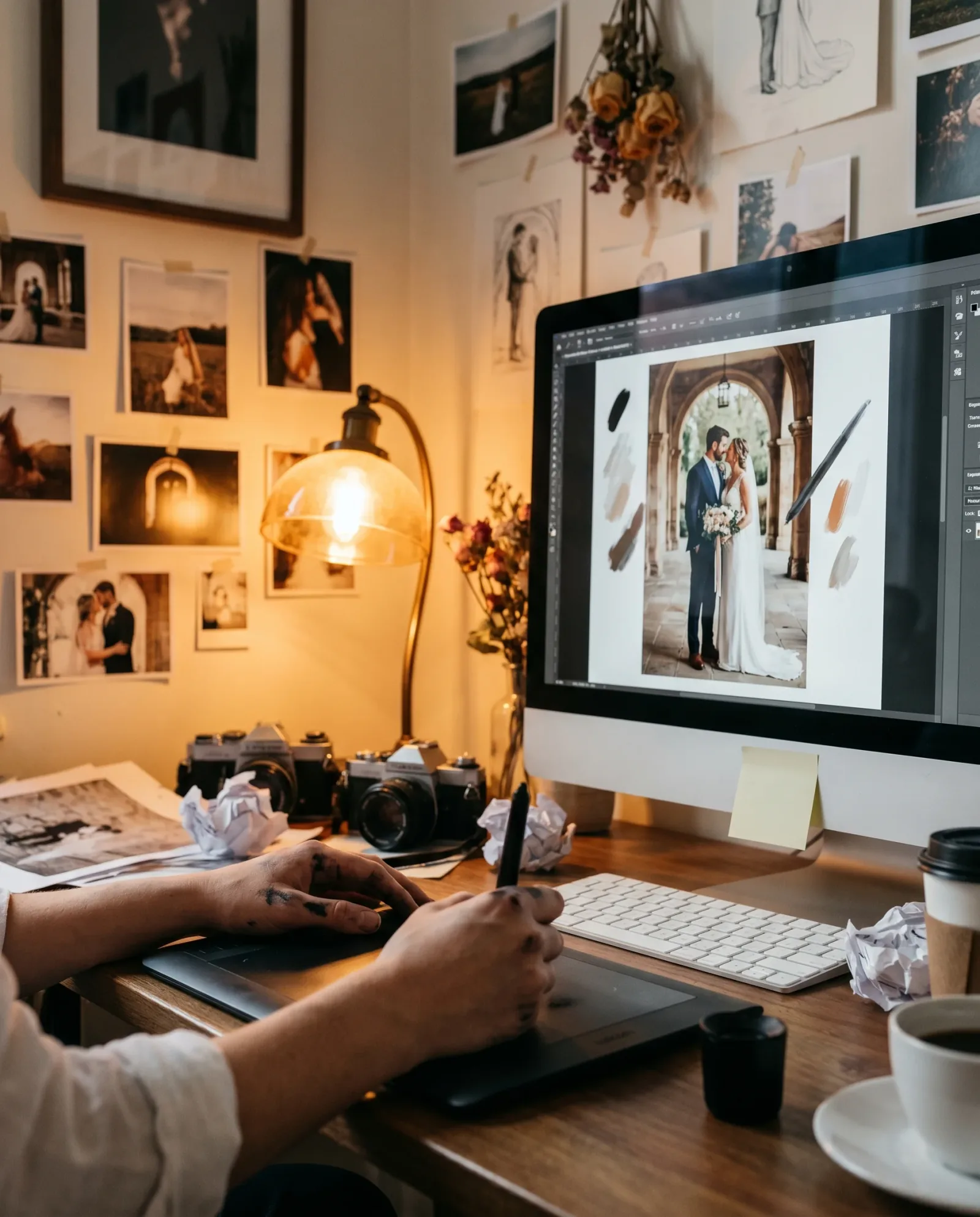 A Pictaway artist retouching a portrait in the atelier