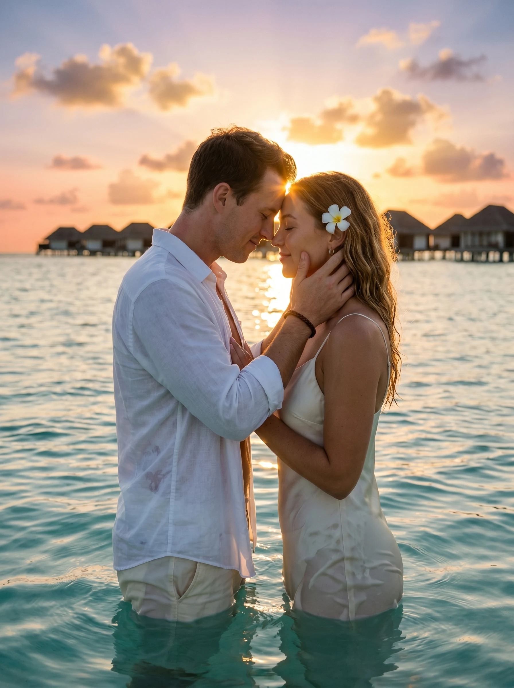 Madison and Tyler waist-deep in a turquoise Maldives lagoon at sunset, foreheads gently touching